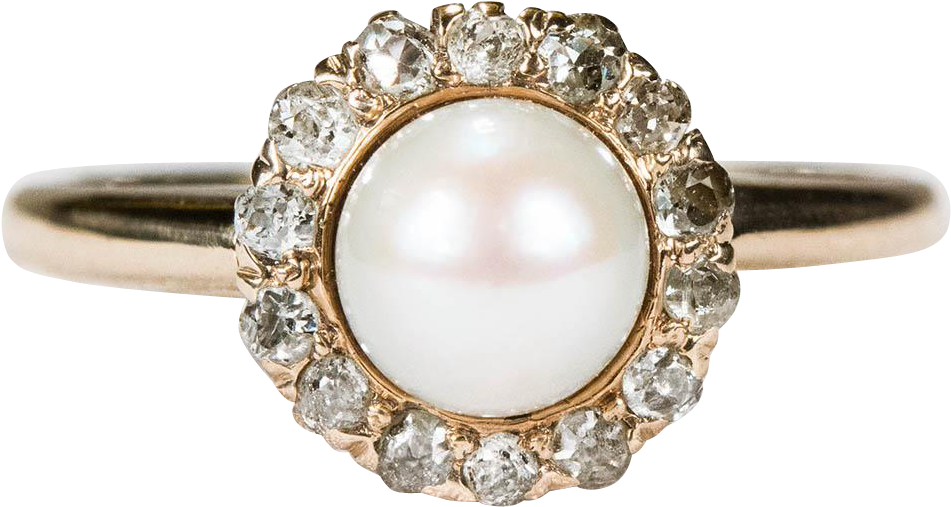 Victorian Old Mine Cut Diamond Halo Pearl Ring 14k - Pre-engagement Ring (950x950), Png Download