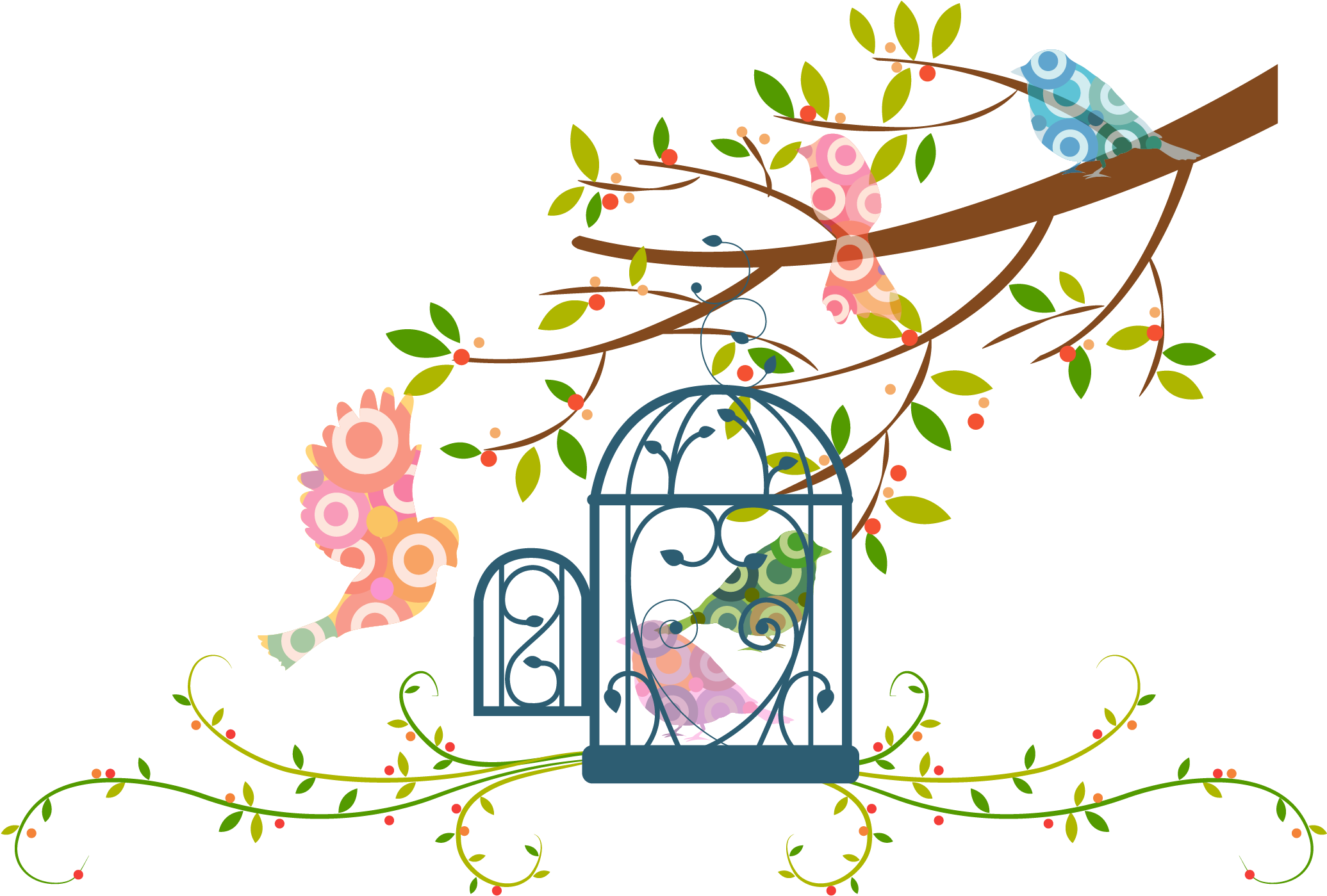 Drawn Birdcage Branch - Tree Vector With Birds Cage (2462x1799), Png Download