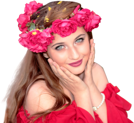 Elegant Fashionable Woman Wearing Red Roses Wreath - Woman With Rose Png (500x443), Png Download