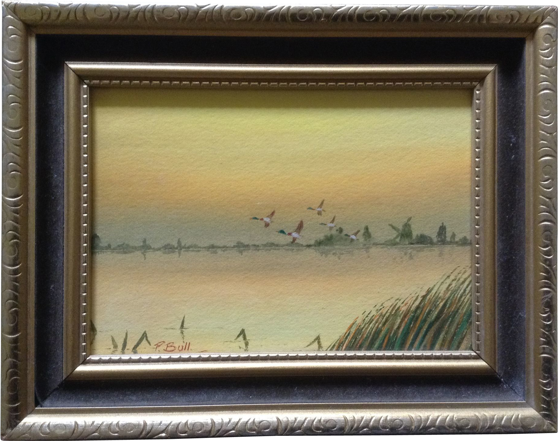 Bull, Painting, Mallard Ducks In Flight Over A Lake - Picture Frame (1831x1831), Png Download