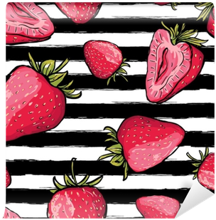 Red Strawberries On Black And White Watercolor Striped - Worek W Truskawki (400x400), Png Download