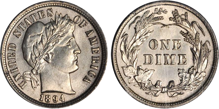10c 1894 Ms61 Or Stx - 1894 S Barber Dime (700x347), Png Download