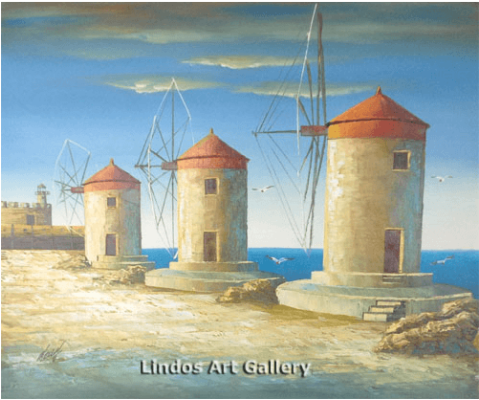 Rhodes Windmills Oil Painting - Lindos Art Gallery (520x574), Png Download