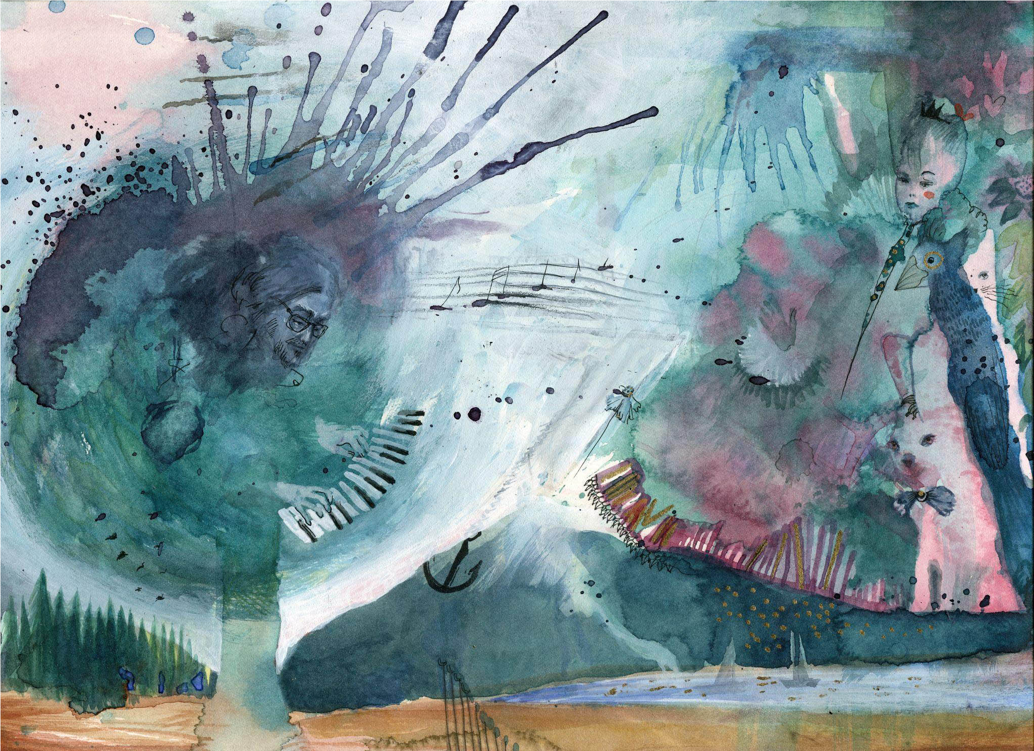 Original Surrealistic Mixed Media Painting Of Musician - Music (2048x2048), Png Download