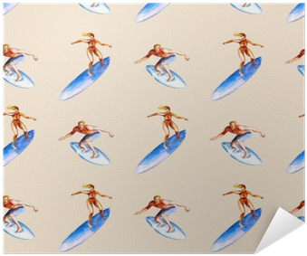Watercolor Seamless Pattern With Surfers On Pink Background, - Watercolor Painting (400x400), Png Download