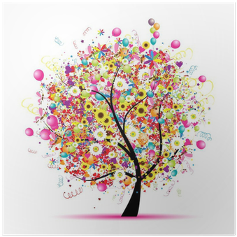 Póster Día De Fiesta Feliz, Árbol Divertido Con Los - Whimsical Party Floral Tree Shower Curtain (400x400), Png Download