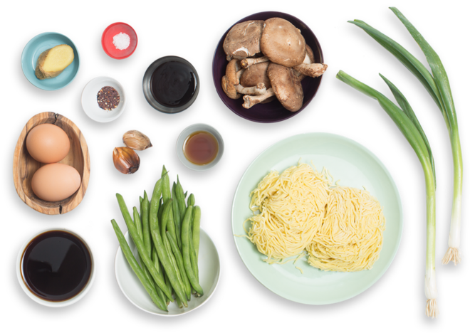 Black Garlic-shoyu Ramen With Green Beans & Shiitake - Ramen Ingredients Png (700x477), Png Download