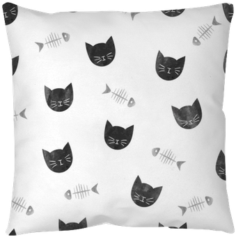 Seamless Pattern With Watercolor Black Cats And Fishbones - Cat (400x400), Png Download
