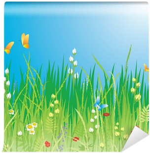 Flowers, Butterflies & Grass - Vector Background ทุ่ง หญ้า ดอกไม้ (400x400), Png Download