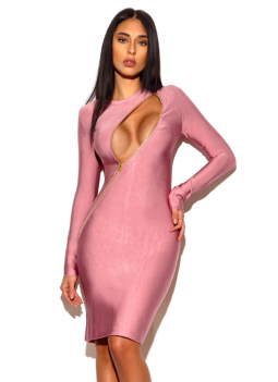 "kalis" Sexy Asymmetric Zip Long Sleeve Pink Bandage - Long Sleeves Sexy Dress Bandage (350x350), Png Download