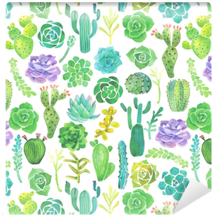 Watercolor Cactus And Succulent Seamless Pattern Wallpaper - Watercolor Cactus (400x400), Png Download
