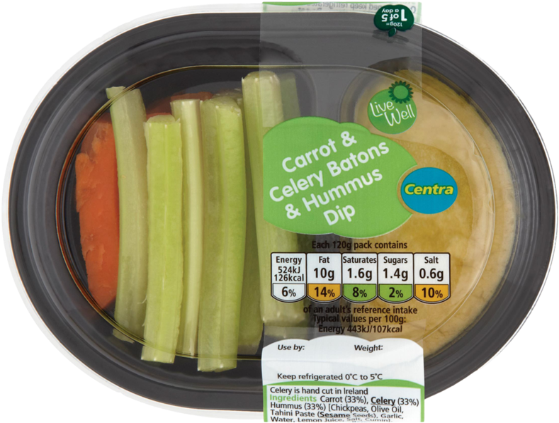 Centra Carrot & Celery Batons & Hummus Dip 120g - Hummus And Carrot Sticks Pack (800x800), Png Download