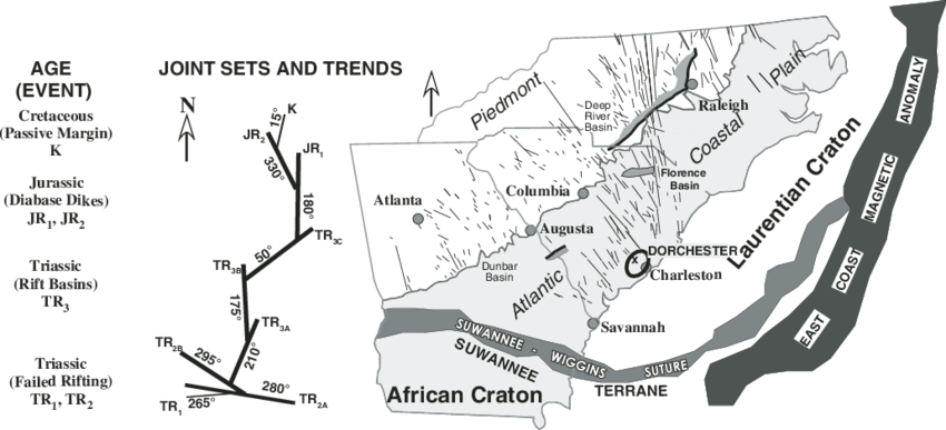 Map Of Southeastern United States Showing Tectonic - Map (850x387), Png Download