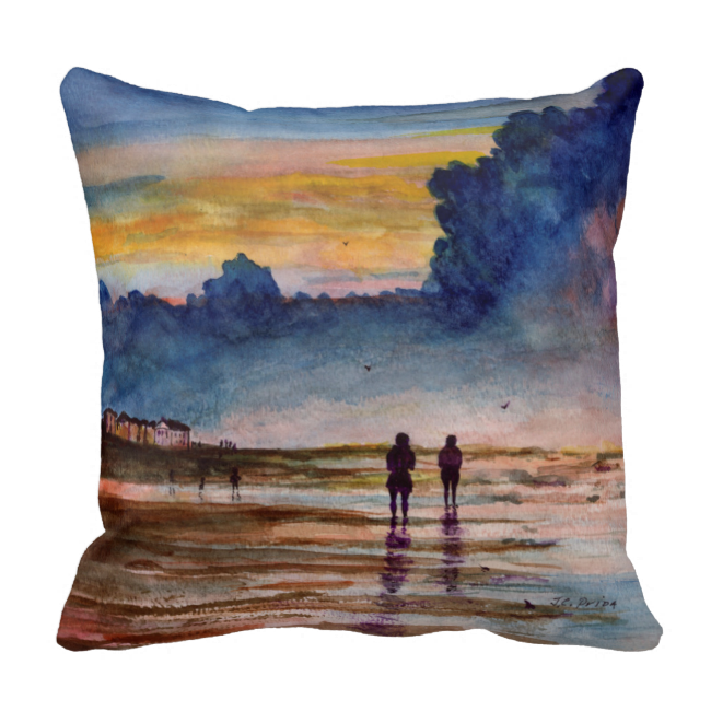 Stormy Sunset Beach Combing Watercolor Seascape Pillow - Beach (650x650), Png Download
