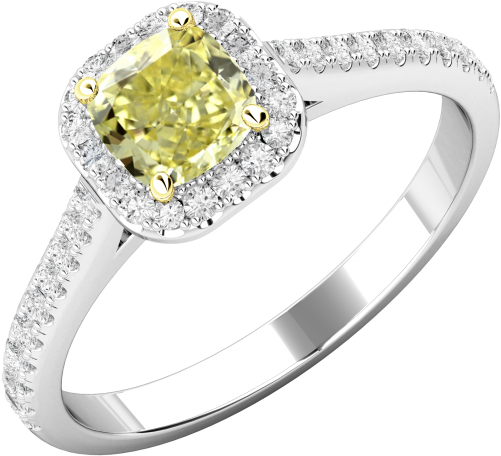 A Stunning Cushion Cut Yellow Diamond Halo Style Ring - Yellow Diamond Platinum Ring Uk (500x500), Png Download