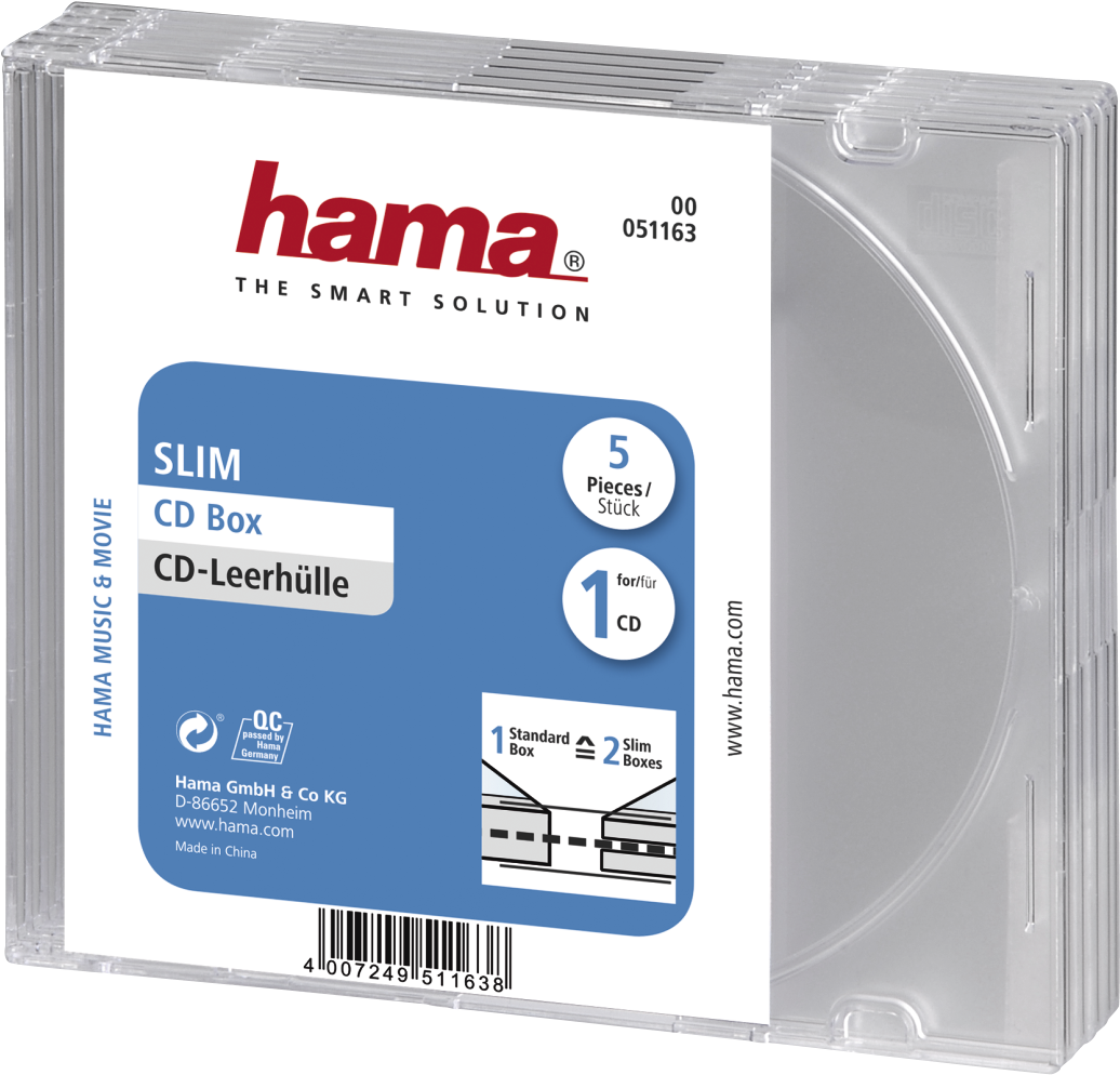 Slim Cd Jewel Case, Pack Of 5, Transparent - Hama Storage Cd Slim Jewel Case - Transparent Blue, (1100x1100), Png Download