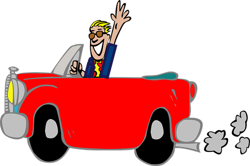 Man Car Fun Greeting Grinning Suit Cartoon - Driving Car Clip Art (511x340), Png Download