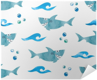 Seamless Pattern With Cartoon Watercolor Sharks - Cartoon Shark Background (400x400), Png Download