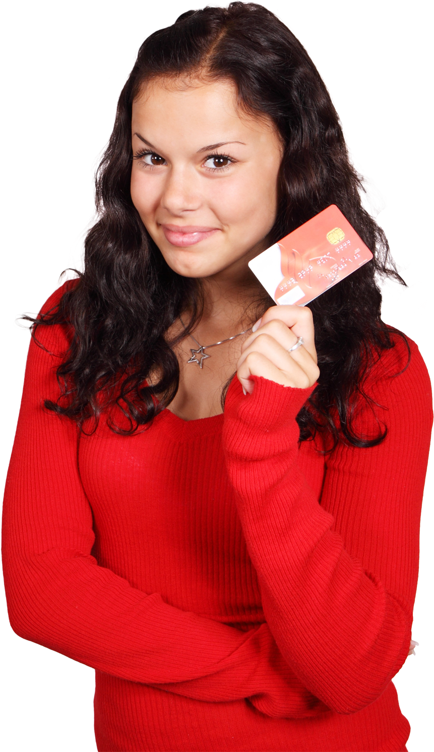 Smiling Girl Holding Credit Card Png Image - Girl Credit Card Png (500x744), Png Download