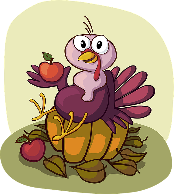 Turkey, Cute, Sitting, Pumpkin, Apple, Happy, Smile - Vector Graphics (573x640), Png Download