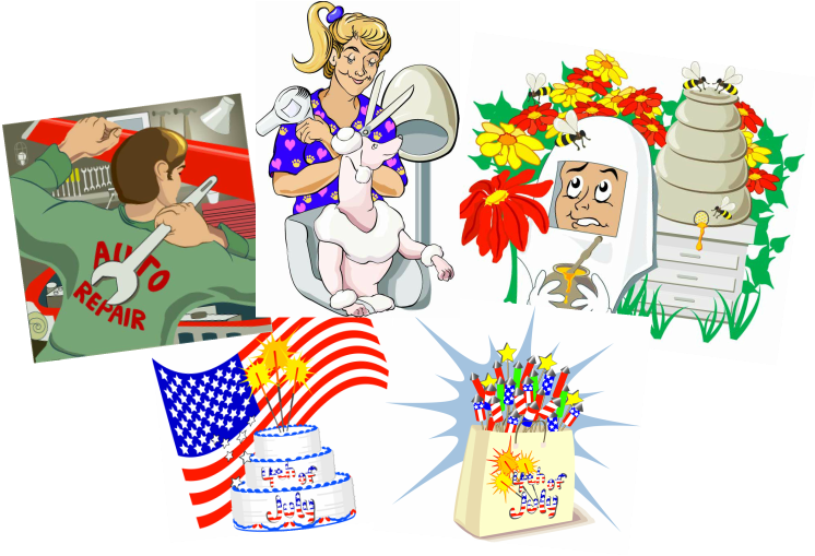 Five Vector Illustrations, Auto Mechanic, Dog Groomer, - Independence Day (746x509), Png Download