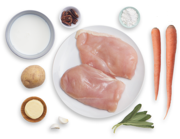 Seared Chicken & Sage Gravy With Carrots & Mashed Potato - Food (700x477), Png Download