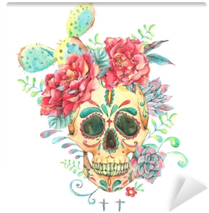 Watercolor Card With Skull And Roses Wall Mural • Pixers® - Calavera Con Flores Cartel (400x400), Png Download