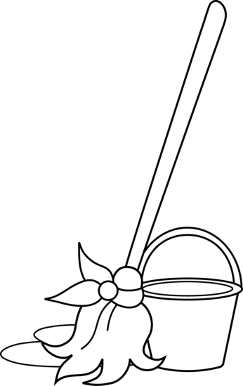 Mop Bucket Black And White Clipart - Mop And Bucket Drawing (346x550), Png Download