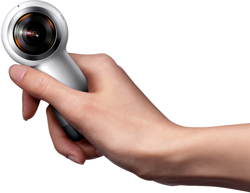 A Hand Holding The New Gear 360 Moves From The Right - Official Samsung Gear 360 2017 4k Vr Camera (854x660), Png Download