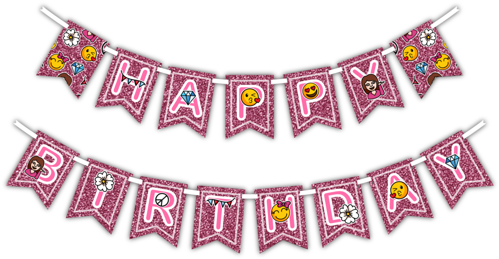 Girl Pink Glitter Emoji "happy Birthday" Party Banner - Emoji Happy Birthday Banner (1024x536), Png Download