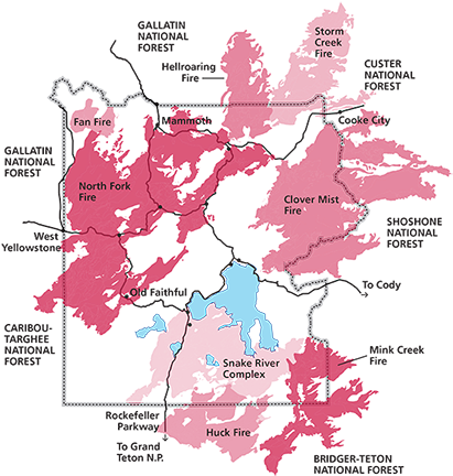 Colored Areas Indicated Areas That Burned In 1988 Mark - North Fork Fire Yellowstone (688x436), Png Download