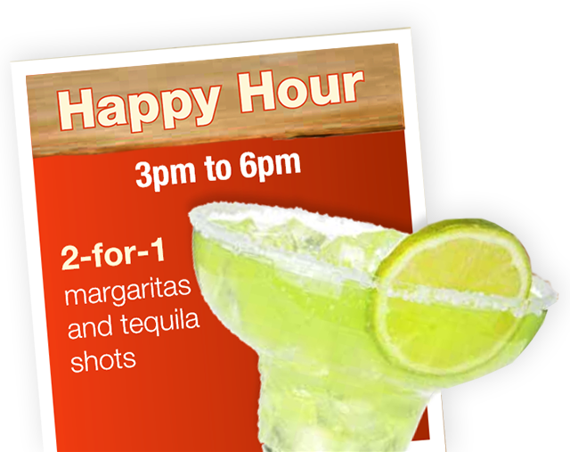 Happy Hour 3pm To 6pm, 2 For 1 Margaritas And Tequila - Stratosphere Casino, Hotel & Tower (640x507), Png Download