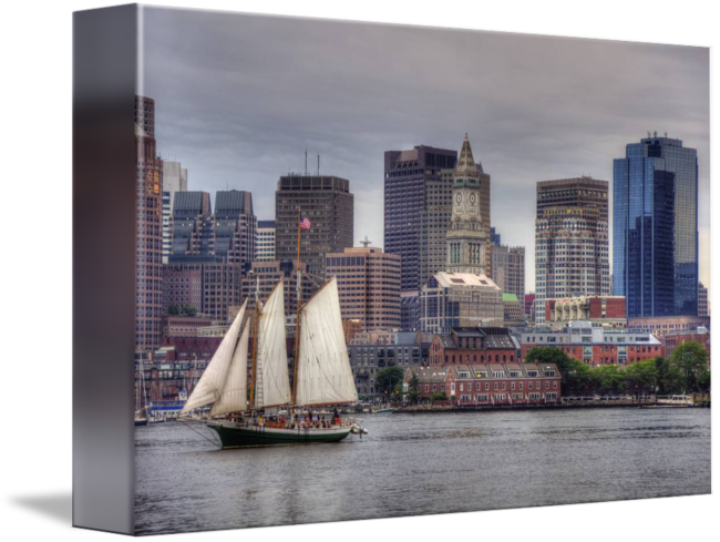 "boston Skyline And Tall Ship Sailing On The Harbor" - Boston (650x489), Png Download