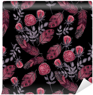 Watercolor Red Roses And Feathers On Black Wallpaper - Red Feathers Of Birds . Backpack By Fuzzyfox85 (400x400), Png Download