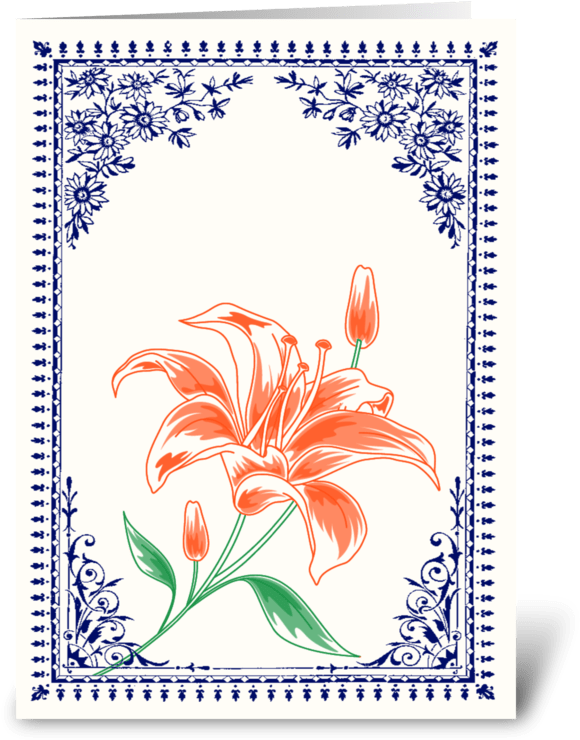 Vintage Orange Flower 4 With Blue Border Greeting Card - .:: Moondreams::. Vintage Gelbe Karte (700x792), Png Download