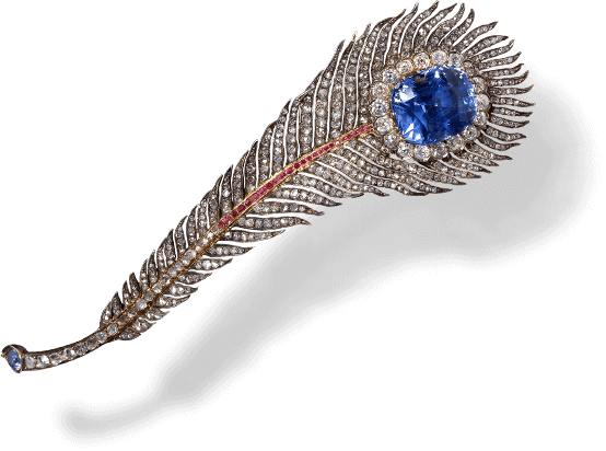Peacock Feather Rooch Prosper Morel Circa 1870 Gold - Sapphire And Diamond Feather Brooch (554x412), Png Download