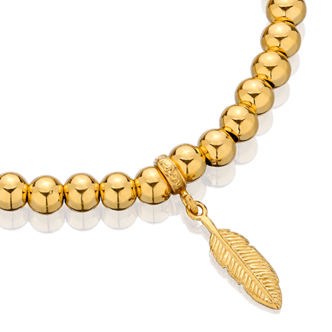 Gold-plated Beaded Bracelet With Feather - Bracelet (650x650), Png Download