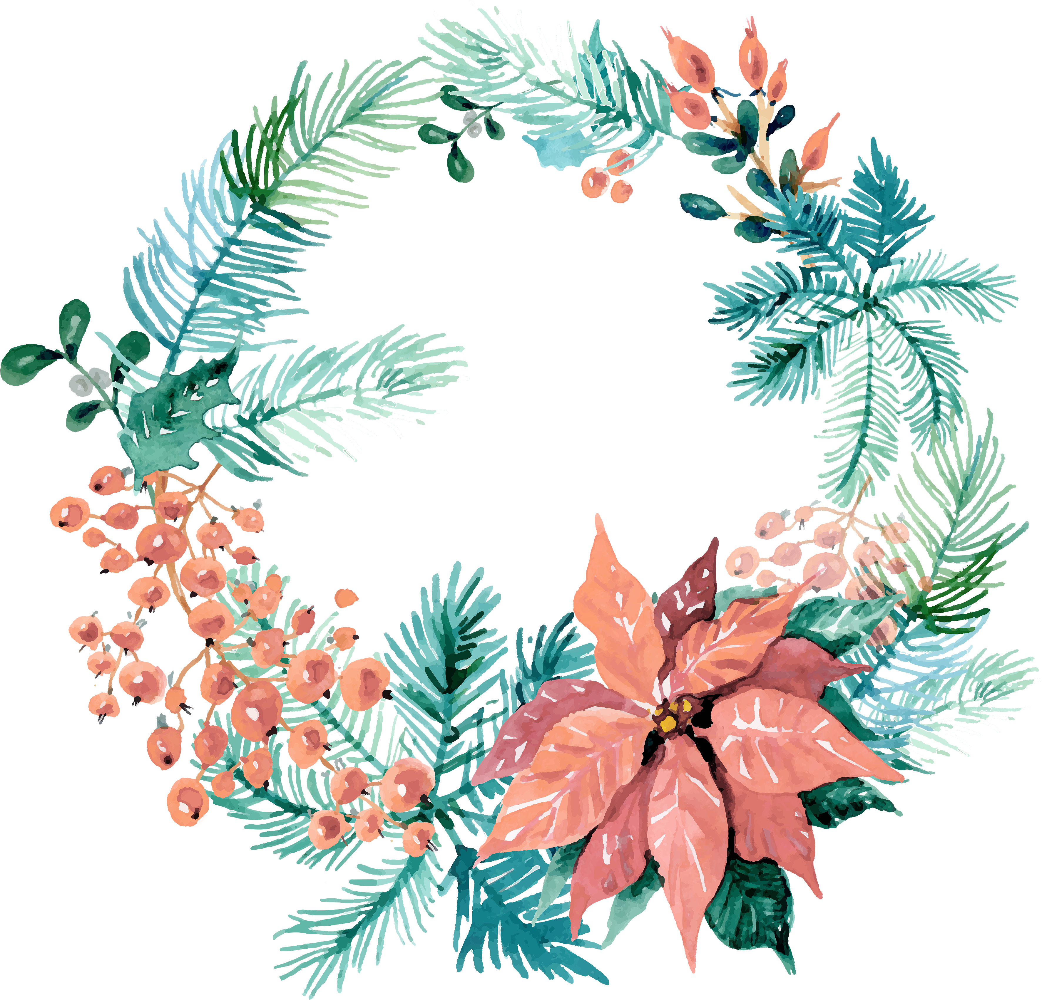 1 - Watercolor Christmas Wreath Png (3600x3600), Png Download