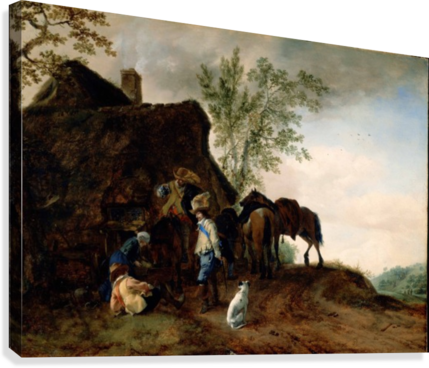 Halt Of Cavaliers At An Inn Canvas Print - Giclee Painting: Wouwermans Or Wouwerman's Halt Of (429x368), Png Download