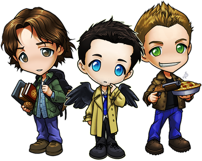 Castiel Dean Winchester - Sam Dean And Castiel Chibi (750x564), Png Download