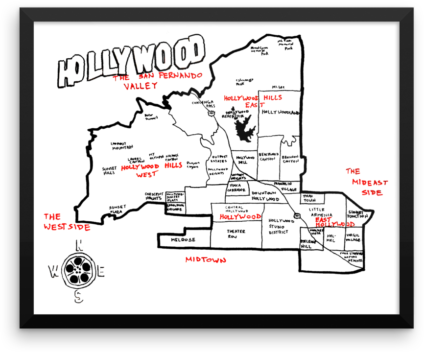 Hand Drawn Map Of Hollywood (888x756), Png Download