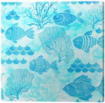 Seamless Watercolor Pattern With Fishes And Marine - Watercolor Painting (400x400), Png Download