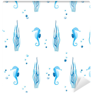 Watercolor Blue Seamless Pattern With Sea Horses And - Illustration (400x400), Png Download
