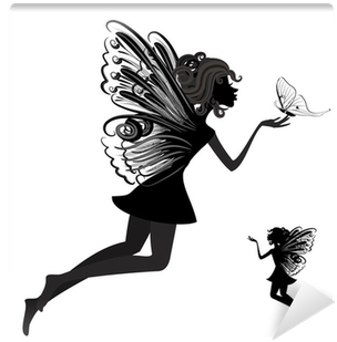 Silhouette Of A Fairy With Butterfly Wall Mural • Pixers® - Fairy Clip Art Black And White (400x400), Png Download