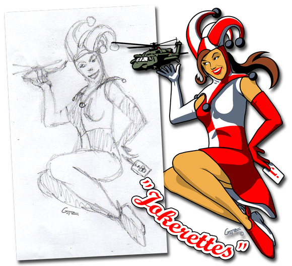Example Of An Initial Sketch And Final 'getz Girl' - Helicopter Pin Up Girl (580x528), Png Download