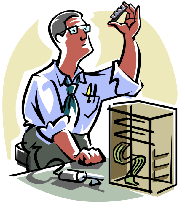 Vector Illustration Of Computer Repair Technician With - Person Building A Computer (624x700), Png Download