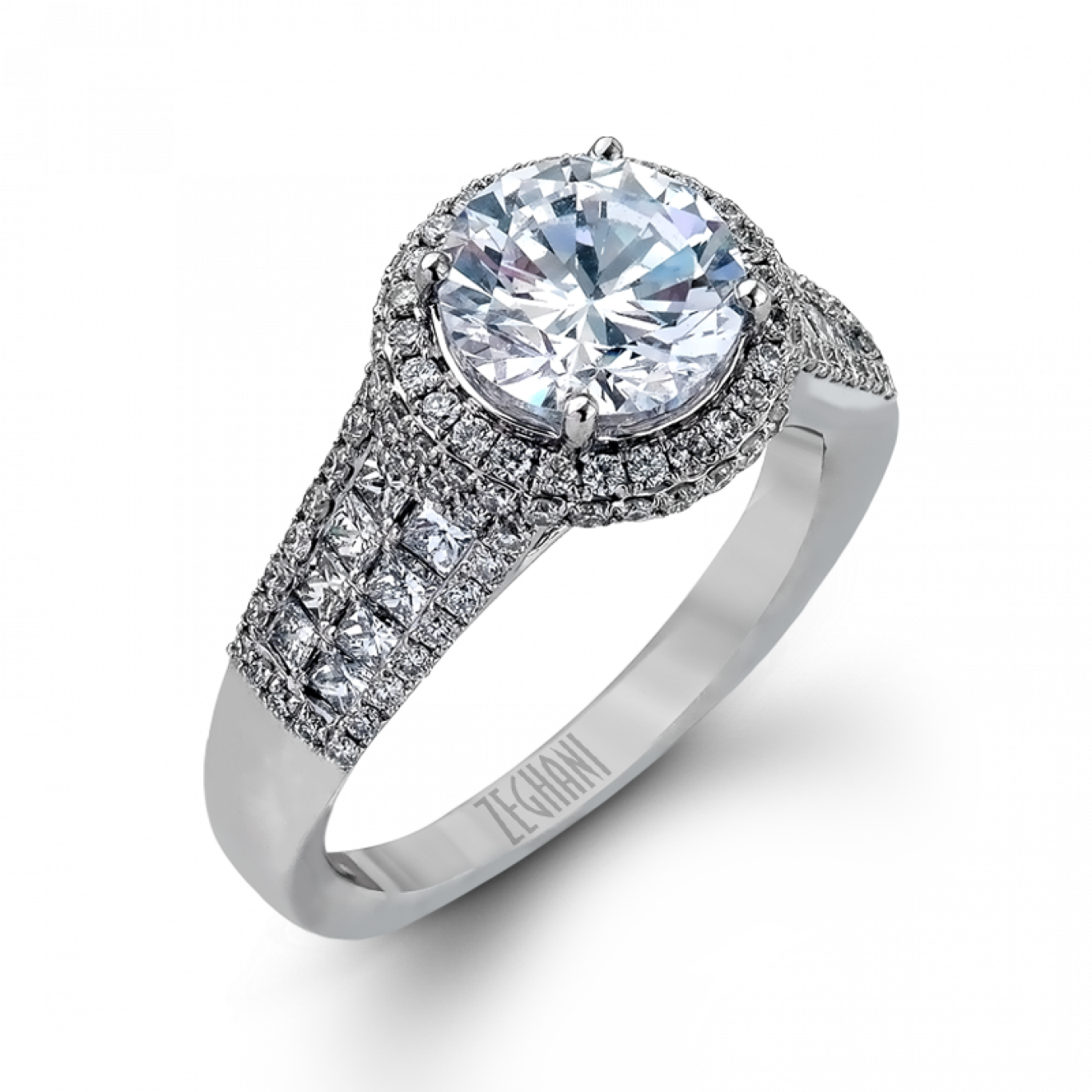 4-row Diamonds On Shank Halo Ring - Engagement Ring (1365x1365), Png Download