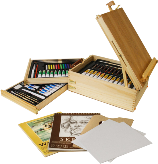 Wood Box Easel Painting Set 12 Tubes Of Oil Colors - 95 Piece Wood Box Easel Painting Set (600x600), Png Download