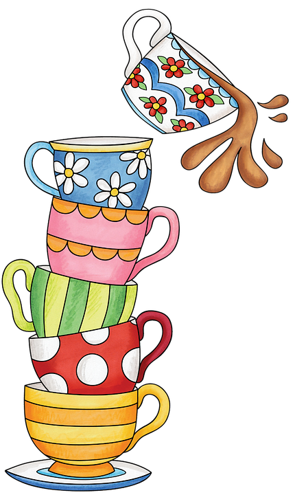 Cups, Tea, Watercolor, Spill, Cute, Stack, Colorful - Stacked Tea Cups Clipart (430x720), Png Download