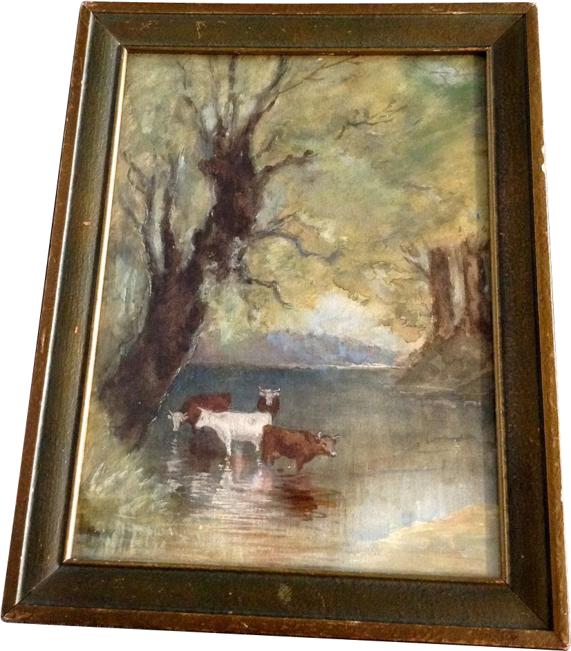 Cows Cooling Off In The River Under A Tree, Early 1900's - Picture Frame (940x940), Png Download